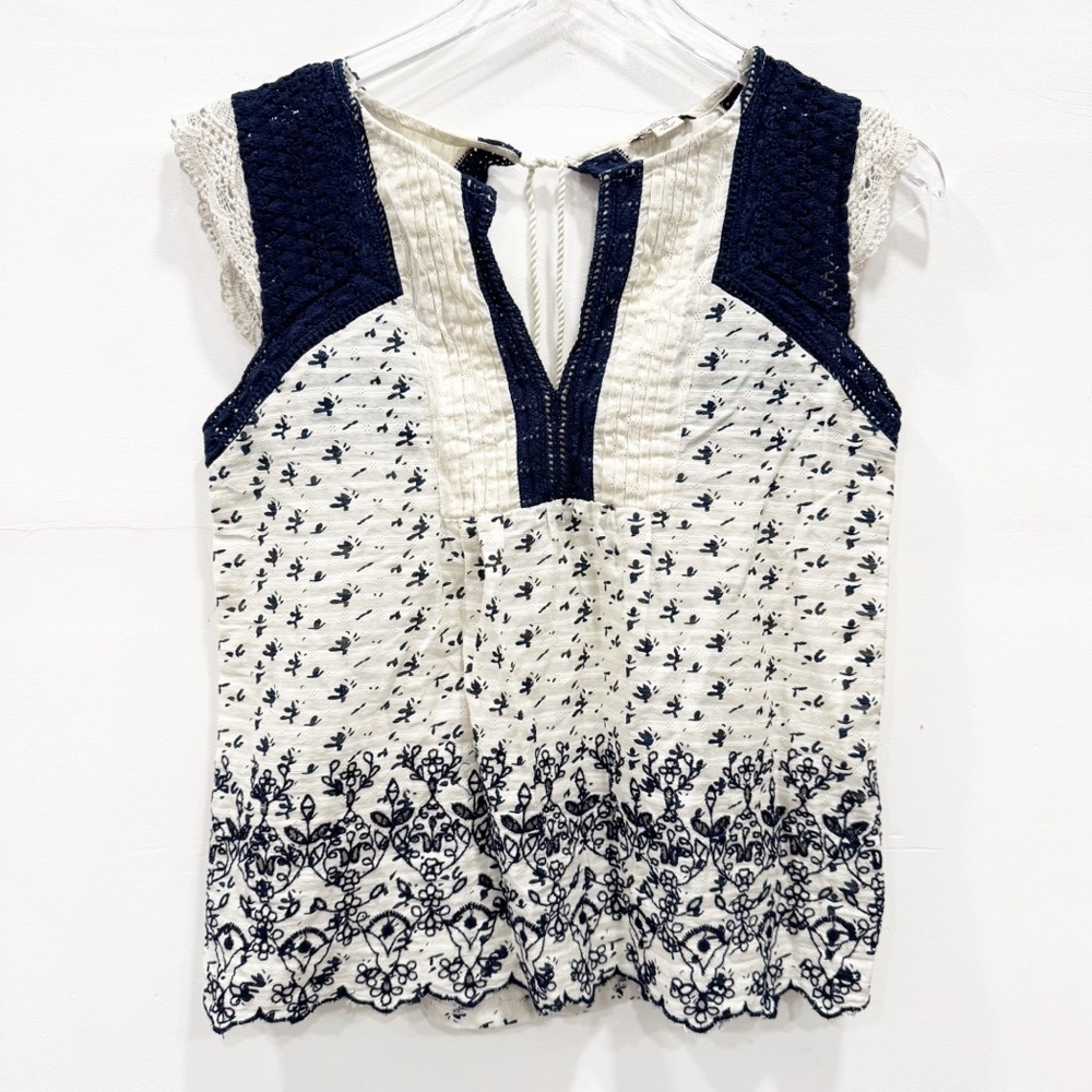 Lucky Brand Crochet Lace Tie Back Top Cotton Navy Small V-Neck